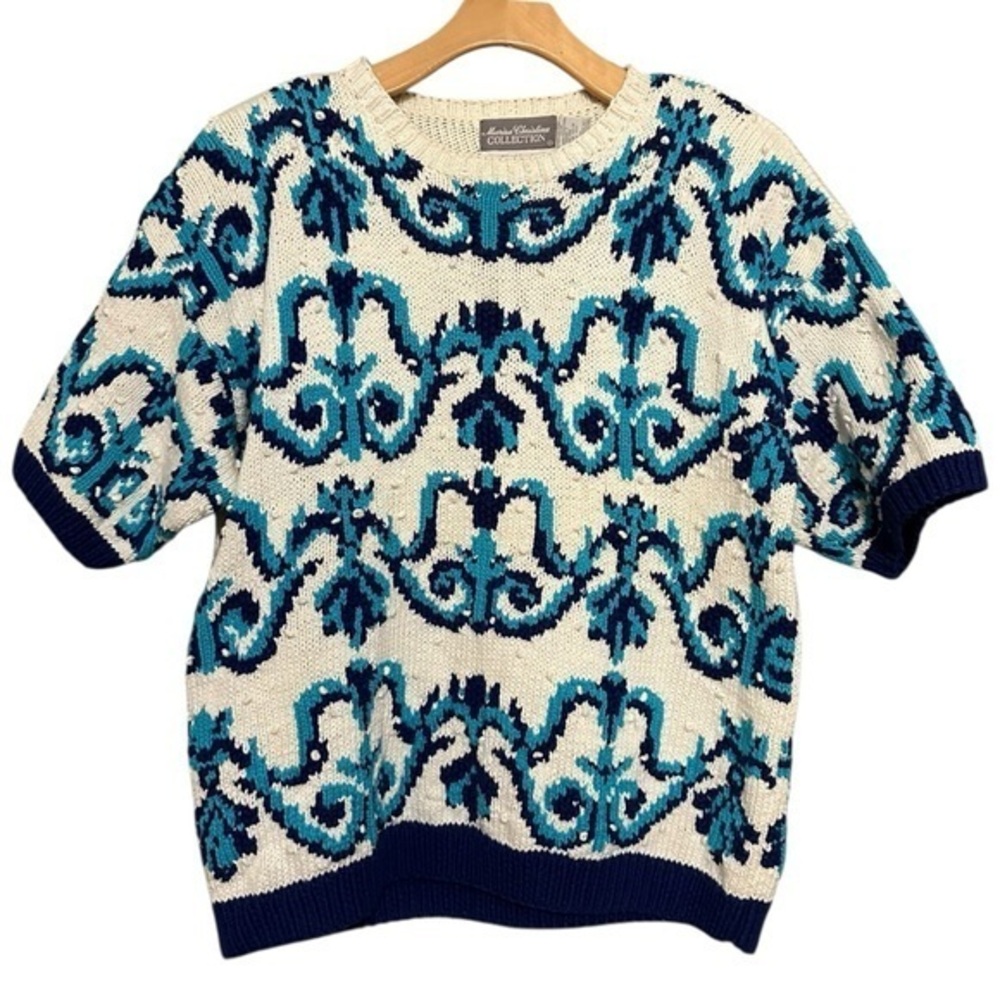 Marisa Christina Vintage Women’s L White Blue Scroll Nubby Short Sleeve Sweater